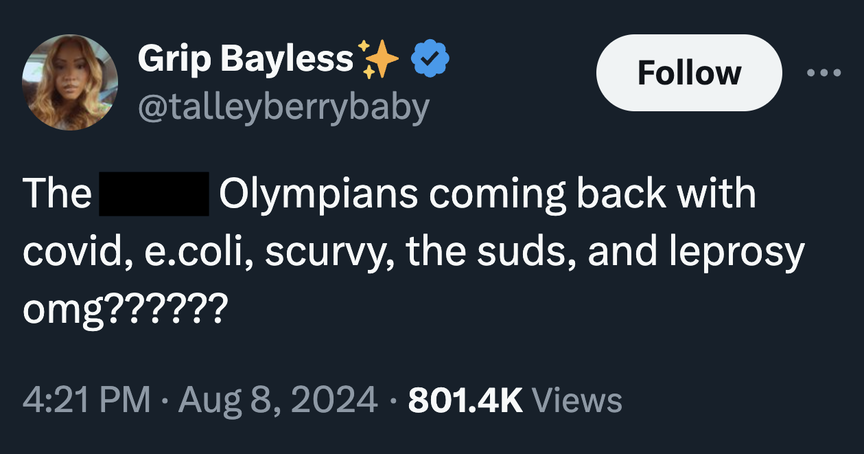 screenshot - The Grip Bayless Olympians coming back with covid, e.coli, scurvy, the suds, and leprosy omg?????? Views